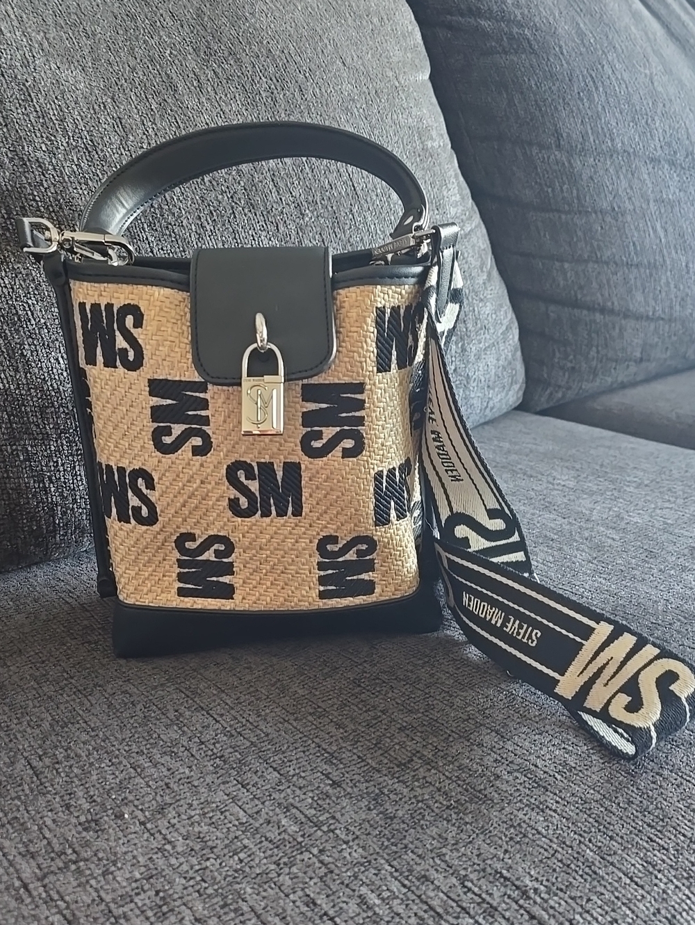 Steve Madden Black & Natural SM Logo Woven Top-Handle Bucket Bag